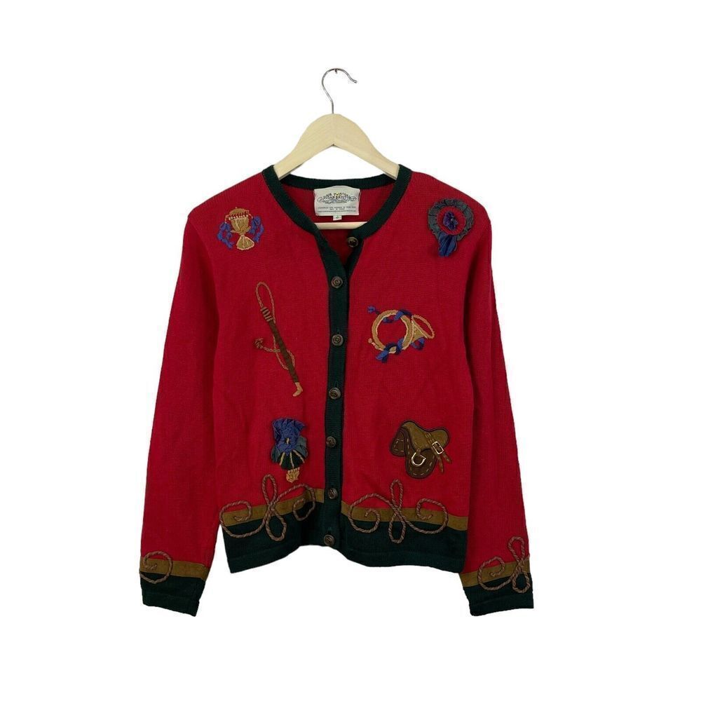 Vintage Susan Bristol Small Equestrian Sweater Button Cardigan Red Womens